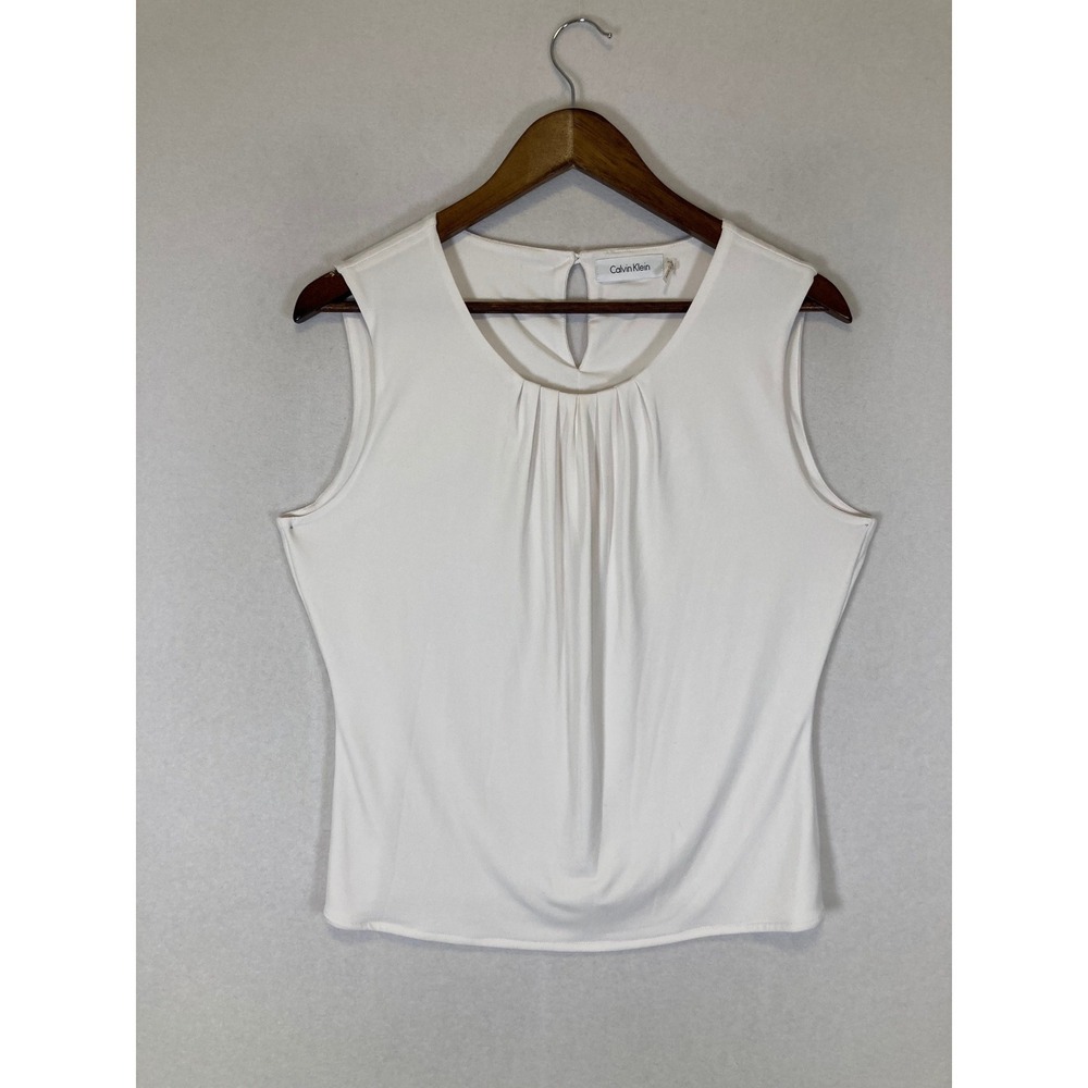 Minimalist Calvin Klein Womens Size 12 Off White Pleated Neck Sleeveless Blouse